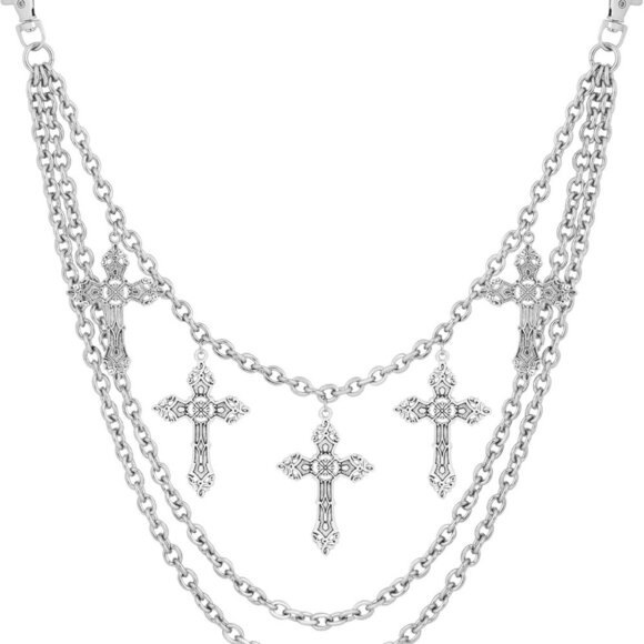 Accessories - Unisex Grunge Punk Wallet Chain - Lightweight Silver-tone Layered Cross Design